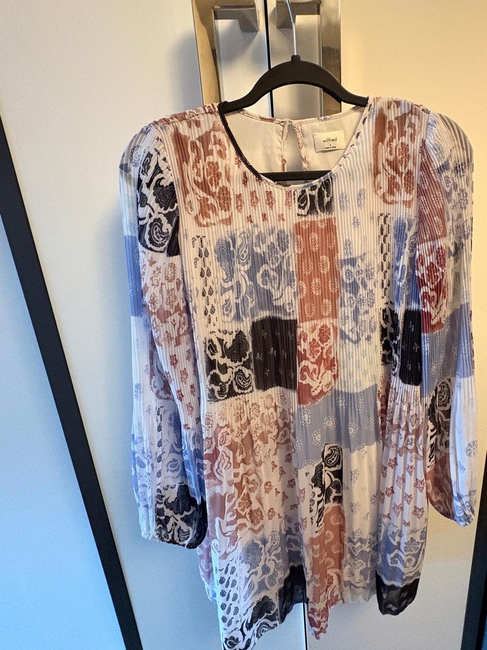 Wilfred Mixed Patchwork Pleated Tunic in Blue, Rust & Black